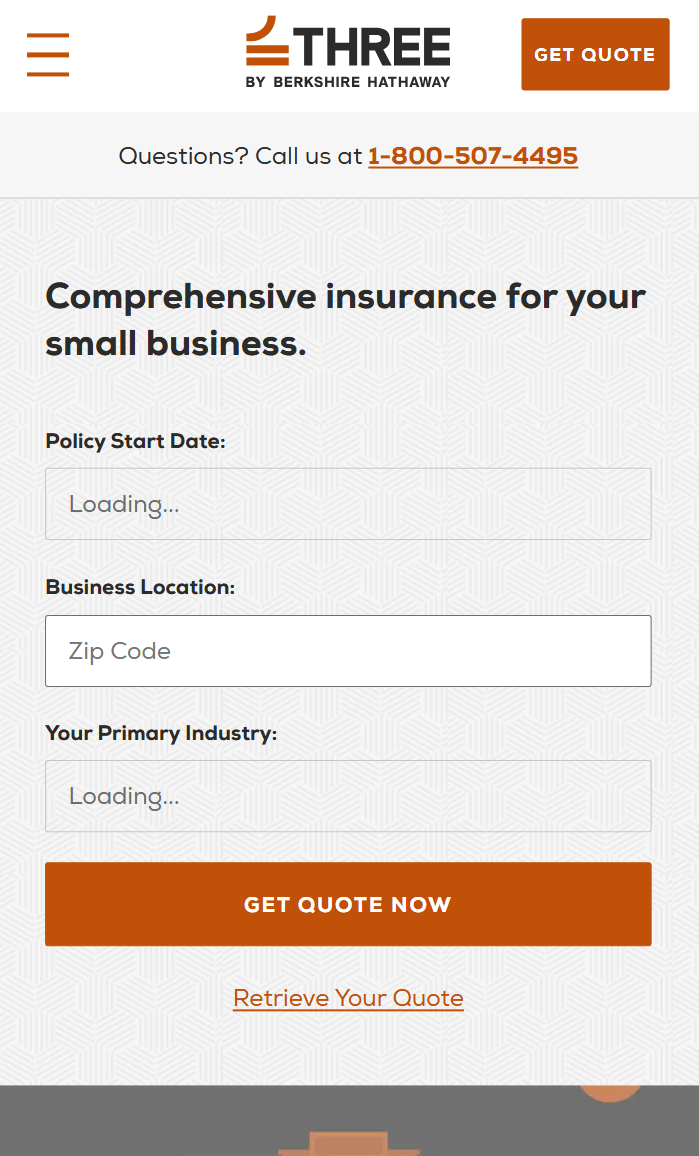 screenshot of mobile sized homepage of small business insurance site