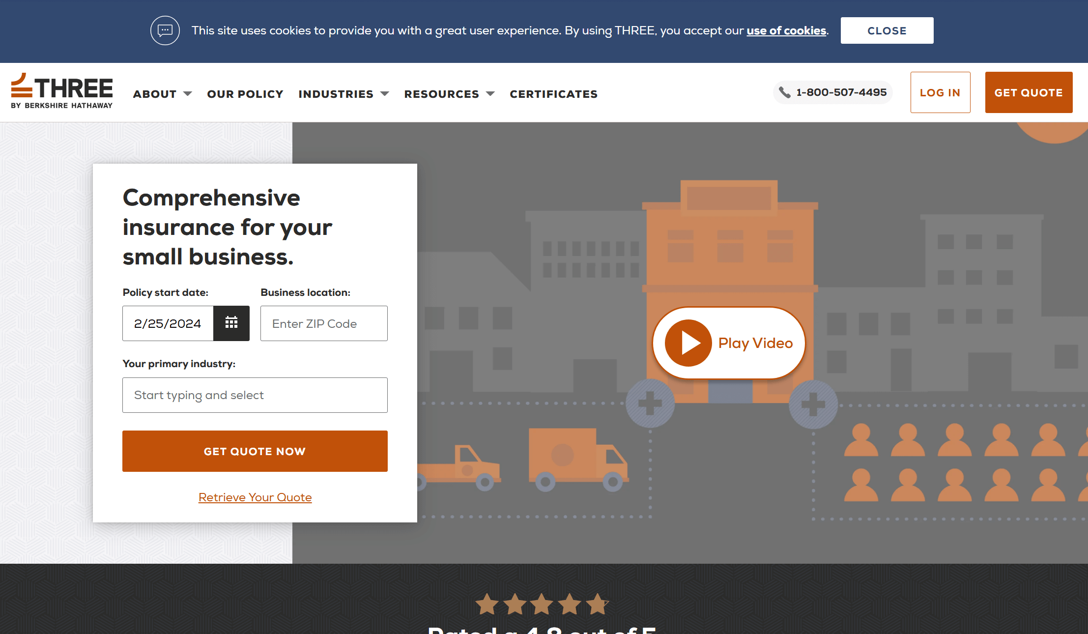 screenshot of desktop sized homepage of small business insurance site